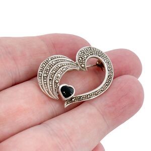 Vintage Sterling Silver 925 Onyx Marcasite Heart Swirl Pin Brooch